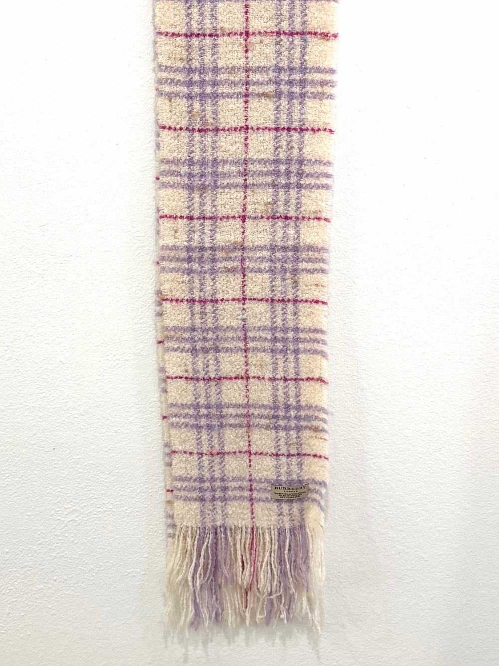 Authentic Wool Burberry Plaid Nova Check Wool Scarf Cream Purple & Pink Accents